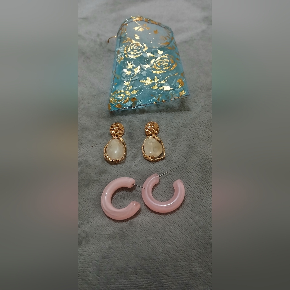 Elegant Pink Hoop Earrings and Gold Earrings Set Bundle